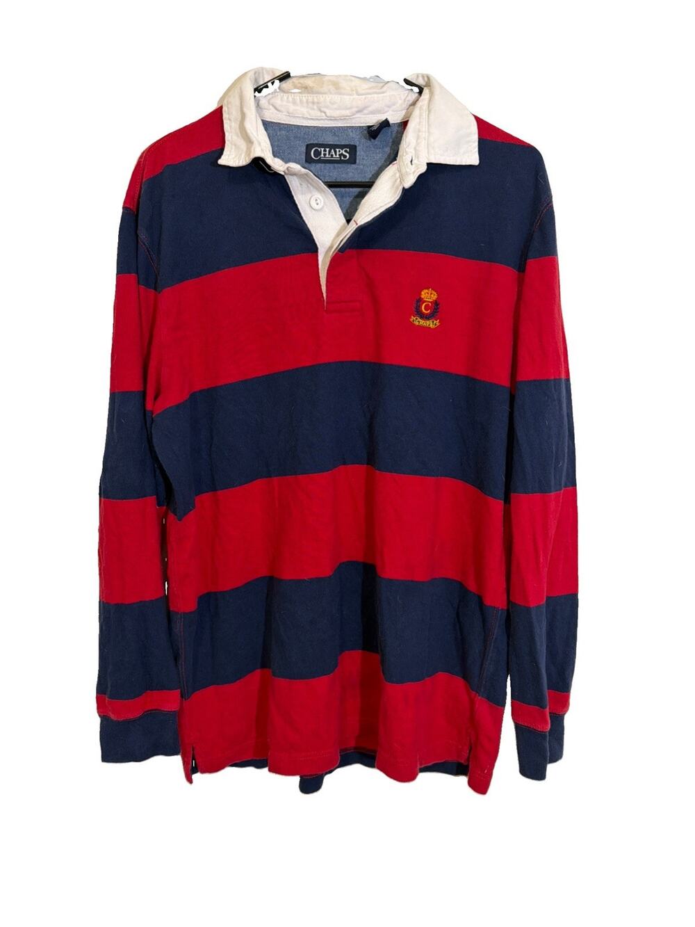 Vintage Rugby Shirt Striped Long Sleeve Red and Navy Blue Chaps Mens Medium